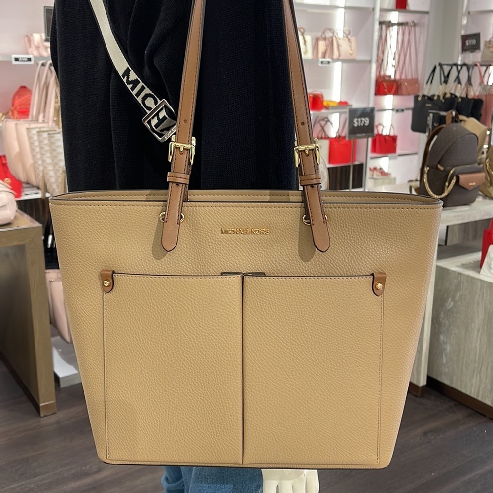 Michael Kors Jet Set Travel Medium Double Pocket Tote Non-Leather Vegan Camel